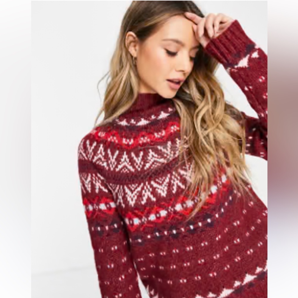 American Eagle Outfitters Burgundy Fair Isle pattern sweater with a mock neck.